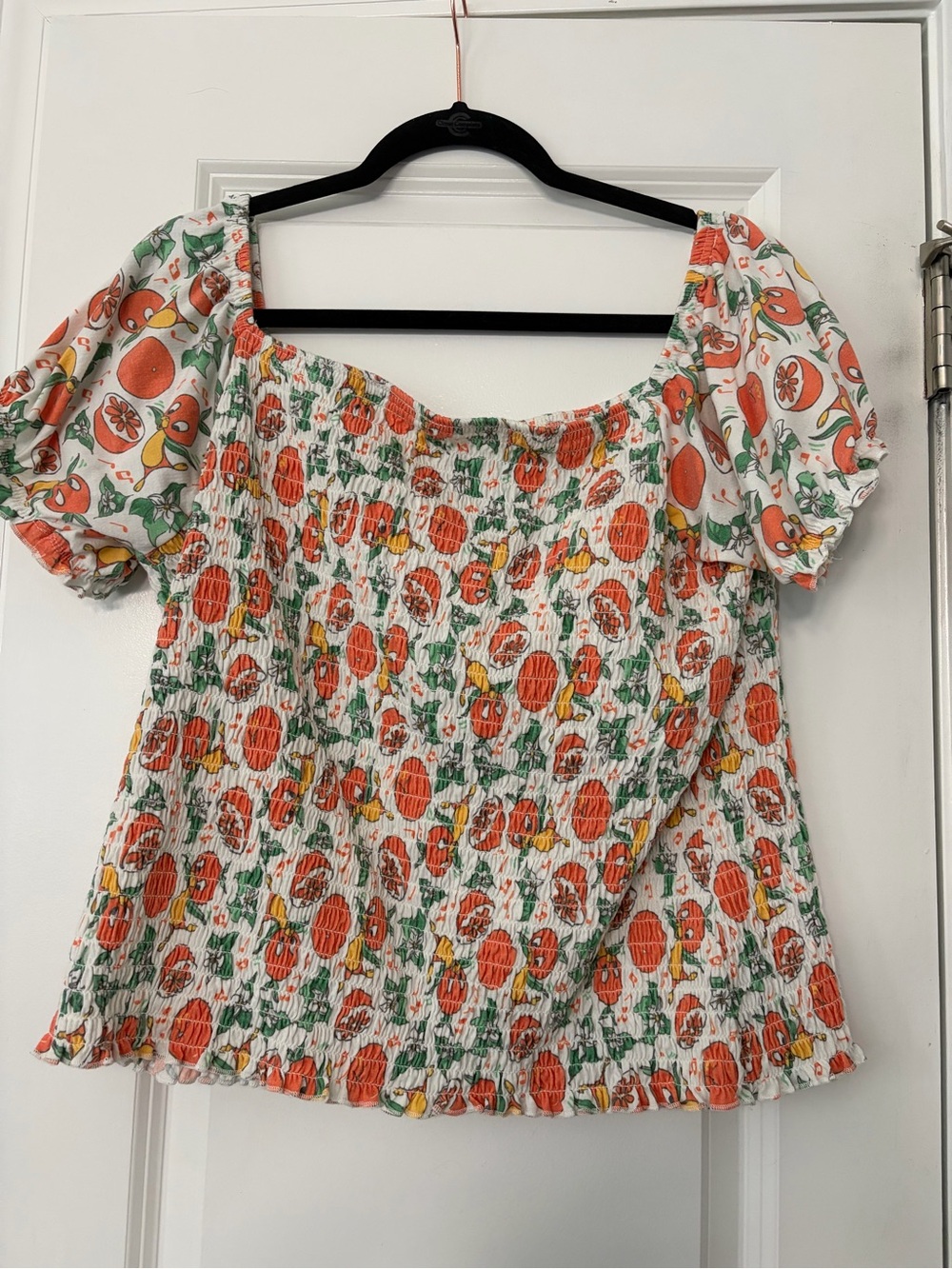 Disney White Smocked Puff-Sleeve Top with Orange Bird Print
